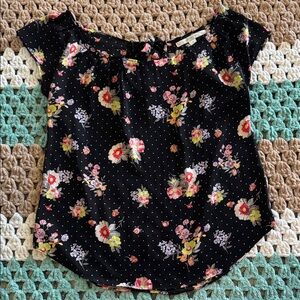 Floral Black White Polka Dot Pleated Neck Blouse Top Shirt Women's sz Medium